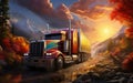 A semi truck driving down a dirt road under a cloudy sky. AI Royalty Free Stock Photo