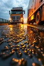 Semi truck driving down a rain soaked road. Transportation in rainy day. Low point of view