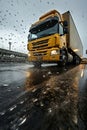 Semi truck driving down a rain soaked road. Transportation in rainy day. Low point of view