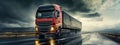 Semi truck driving down a rain soaked road. Transportation in rainy day. Panoramic image Royalty Free Stock Photo