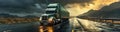 Semi truck driving down a rain soaked road. Transportation in rainy day. Panoramic image