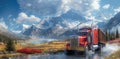 a semi truck is driving down a road in front of mountains Royalty Free Stock Photo