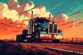 Semi truck driving down road under cloudy sky with stars. Generative AI Royalty Free Stock Photo