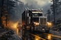 A semi truck driving down a wet road in fog with truck headlights shining Royalty Free Stock Photo