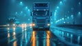 Semi Truck Driving Down Wet Road at Night Royalty Free Stock Photo