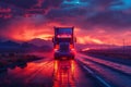 a semi truck is driving down a wet road at sunset Royalty Free Stock Photo