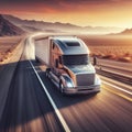 Semi truck driving fast on long road with desert landscape. Transportation and delivery concept. ai generative Royalty Free Stock Photo