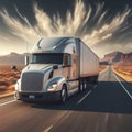 Semi truck driving fast on long road with desert landscape. Transportation and delivery concept. ai generative Royalty Free Stock Photo