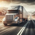 Semi truck driving fast on long road with desert landscape. Transportation and delivery concept. ai generative Royalty Free Stock Photo