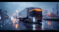 Semi Truck Driving on Rain-Soaked Street Royalty Free Stock Photo