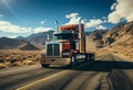 The semi truck driving on a road. A large semi truck driving down a desert road Royalty Free Stock Photo