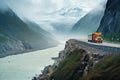 Semi-Truck Journeying Through Scenic Mountain Route - AI Generative