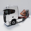 Semi Truck with Lowboy Platform Trailer 3D rendering on white background carrying an Excavator