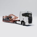 Semi Truck with Lowboy Platform Trailer 3D rendering on white background carrying an Excavator Royalty Free Stock Photo