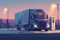 A semi truck is parked at a gas station, waiting for fuel or a break, Illustration of an electric truck at a heavy-duty vehicle Royalty Free Stock Photo