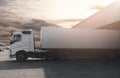 Semi Truck Parked Loading at Dock Warehouse. Cargo Shipment. Industry Freight Truck Transportation. Shipping Warehouse Logistics. Royalty Free Stock Photo