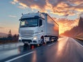 A semi truck with red and white stripes is driving down a highway at sunset, casting a long shadow on the road Royalty Free Stock Photo