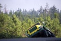 Semi truck tipper pulled off the road in ditch and waited for a