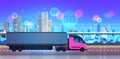 Semi truck trailer driving city road 5G online wireless system connection concept modern cityscape background express