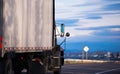 Semi truck trailer mirrors on road with cloudy sky Royalty Free Stock Photo