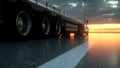 Semi Truck Wheels Closeup on asphalt road highway at sunset - transportation background. 3d rendering Royalty Free Stock Photo