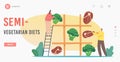 Semi-Vegetarian Diet Landing Page Template. Vegetarian or Meat Choice. Tiny Characters Playing Huge Noughts and Crosses