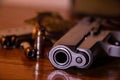 Semiauto Handgun, Badge, Bullets Royalty Free Stock Photo