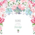 Semicircle garland frame with succulents, protea, rose, peony, orchid, echeveria, hydrangea, green plants. Royalty Free Stock Photo