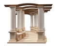 Semicircular colonnade with benches 3D rendering on a white back