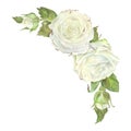 Semicircular composition of white roses and buds with leaves. Watercolor illustration. Isolated on a white background