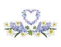 Semicircular frame and heart made of narcis and delphinium flowers. Save the date invitation template