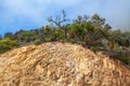 Semicircular orange rock overgrown with trees and bushes above under blue sky