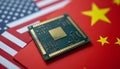 Semiconductor Chip and Flags of the United States and China Royalty Free Stock Photo