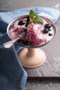 Semifreddo with berries and mint in the retro dessert bowl vertical