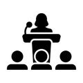 Seminar icon vector female person on podium symbol for public speech with microphone in glyph pictogram