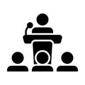 Seminar icon vector male person on podium symbol for public speech with microphone in glyph pictogram