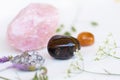 Semiprecious gemstones or crystals on white background with wild summer flowers