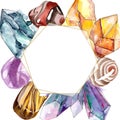 Semiprecious stones on white background. Watercolor background illustration set. Frame crystal. Rock jewelry mineral. Royalty Free Stock Photo