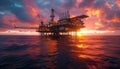 Semisubmersible oil rig amid ocean, under vibrant sunset afterglow