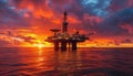 A semisubmersible oil rig in the ocean at sunset, glowing in the afterglow