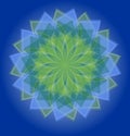 Semitransparent blue and green mandala on deep blue gradient background, soothing colors of nature in geometric star shap