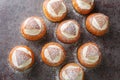 Semla Fastelavnsbolle Fastlagsbulle traditional scandinavian cream filled cardamom bun with almond paste closeup. Horizontal top
