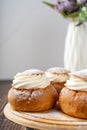 Semla or vastlakukkel is a traditional sweet roll with whipped cream made in Scandinavic, Baltic countries