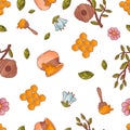 Semless pattern with cute flowers and hunny isolate on a white background