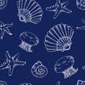 Semless pattern with shells, starfishes and jellyfishes.