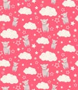 Semless vector pattern with cute winged llamas, clouds and stars