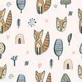 Semless woodland pattern with cute little foxes. Scandinaviann style, nursery texture for baby apparel, childish decoration.
