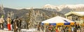 Semmering, Austria in winter. People skiing on snow covered slope in austrian Alps. Mountains ski resort - nature background