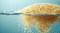 semolina grains are delicately suspended water creating striking visual effect as they separate and showcase their fine