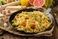 Semolina pasta with roasted garlic, sprinkled microherbs